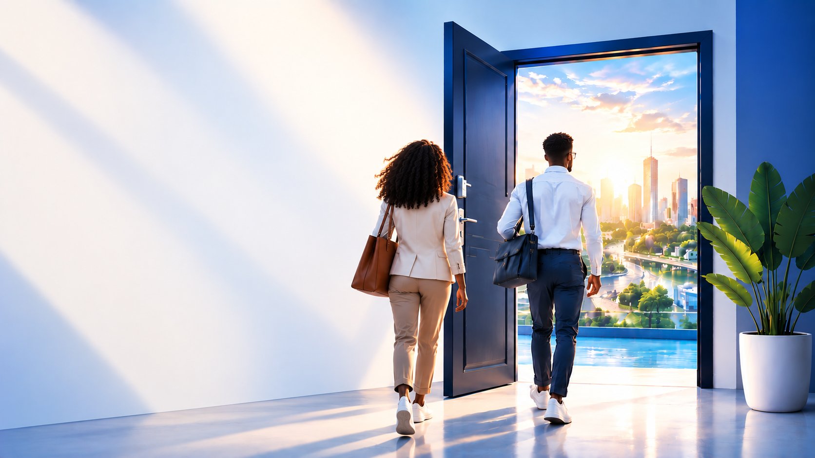 Deux jeunes professionnels franchissent une porte ouverte sur la ville